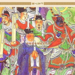 明清古画版朝阳图 l众神扈跸出巡图神像画卷轴挂画 绢布复古水陆