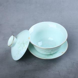 影青陶瓷三才盖碗茶杯单个茶具白瓷三炮台功夫泡茶碗带盖防烫大号