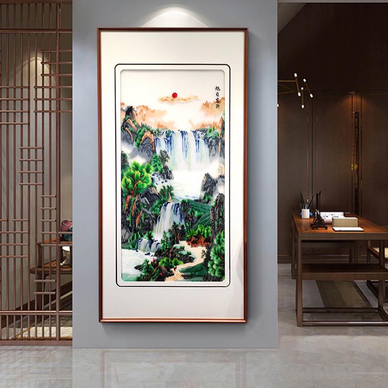 刺绣挂画新中式入户玄关装饰画鸿运当头实木玻璃客厅高档立体苏绣图片