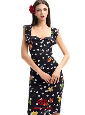 Labor of Love 花枝圆舞曲 原创设计高级波点花卉胸垫方领连衣裙