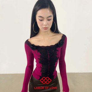 Labor of Love 乌梅子酱 原创设计树莓红黑蕾丝立体花一字肩上衣