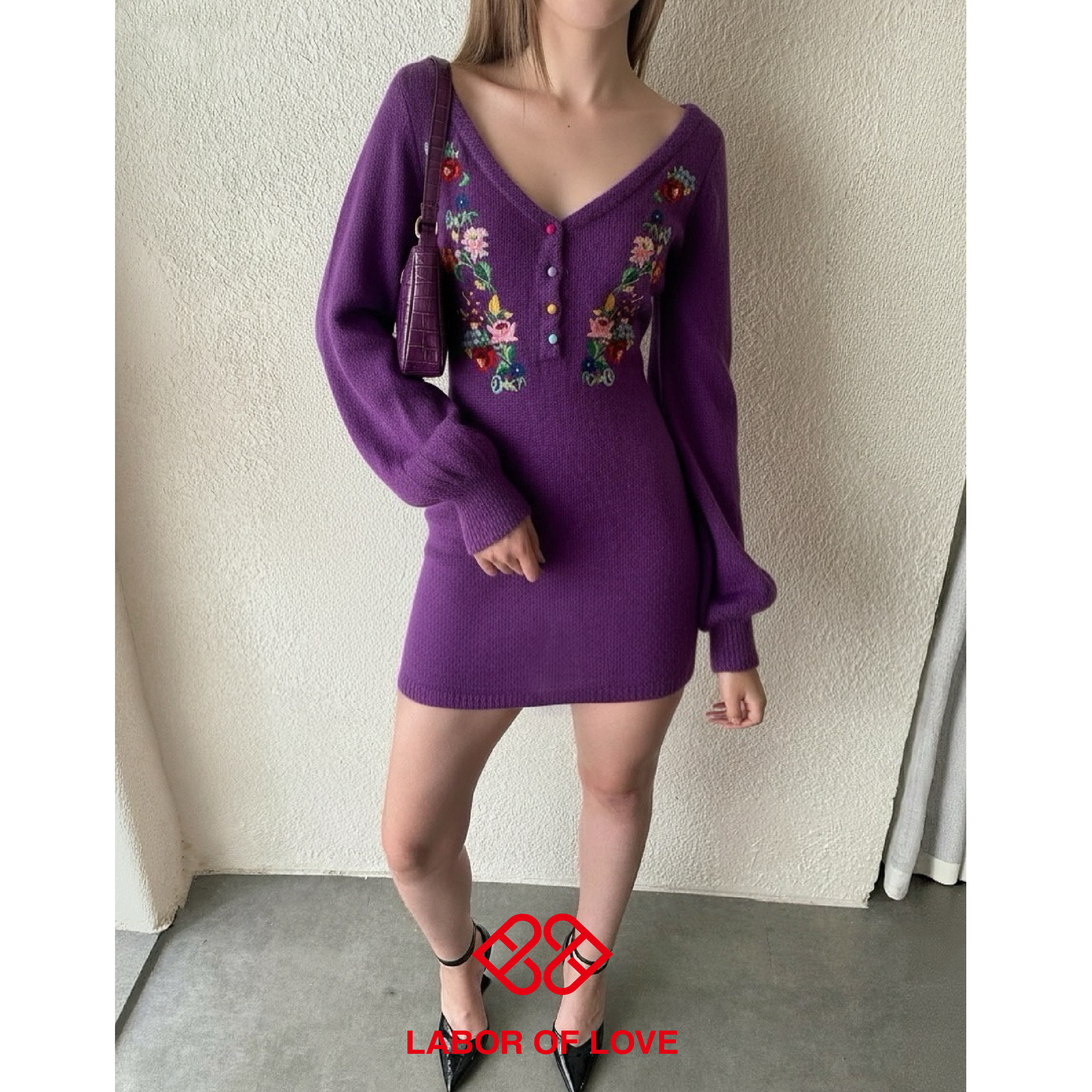 LaborofLove重工刺绣紫毛衣裙
