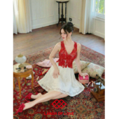 Labor 原创设计重工水溶花朵蕾丝红白挂脖连衣裙 朱砂痣 Love