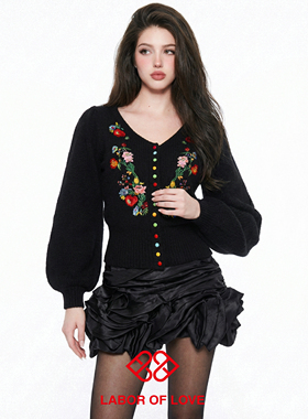 Labor of Love 天使爱美丽 原创设计黑色马海毛重工刺绣彩扣开衫