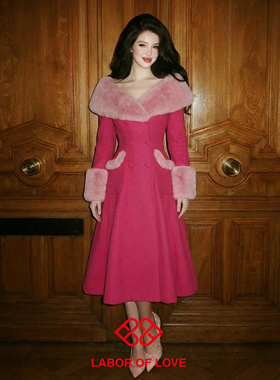 Labor of Love 芭比 原创设计玫粉色立体剪裁羊毛毛呢收腰A字大衣