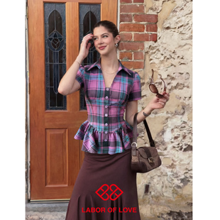 衬衫 Love 原创设计复古英伦辣妹粉蓝格纹短袖 伦敦格 Labor