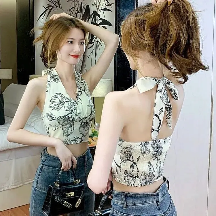带胸垫黑白印花挂脖绑带背心女修身显瘦瑜伽运动美背短款吊带上衣