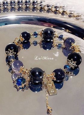 洛丽塔星月光乌金暗黑曜蓝串珠水晶手链女轻奢精致小众二次元手串