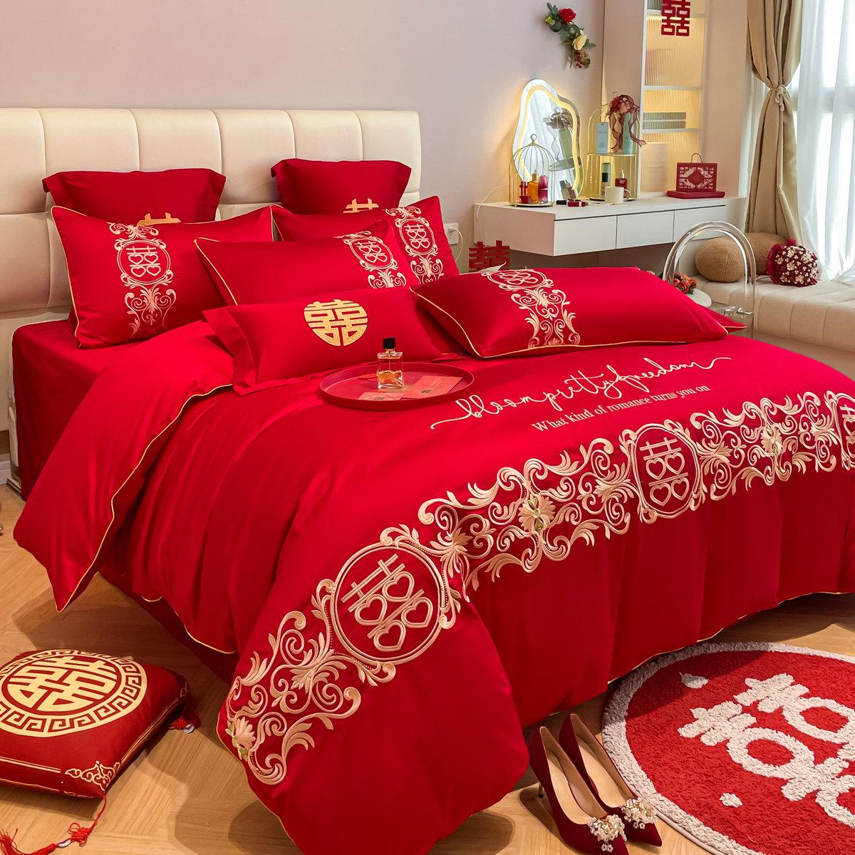 5h6s婚庆四件套大红色刺绣结婚床上用品新婚喜婚房被套件龙