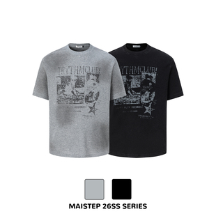 MAISTEP 美式街头vintage全棉华夫格水洗做旧短袖T恤正肩短款上衣