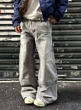 MAISTEP 美式弯刀双膝脏染伐木裤男女复古做旧cleanfit宽松工装裤