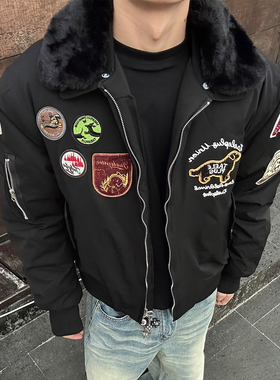 MAISTEP 冬季美式街头复古巴恩风刺绣小标毛领飞行员翻领棉服外套