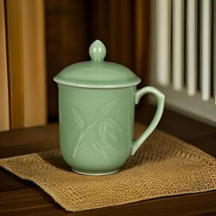 青瓷竹叶酒店宾馆会议茶杯 精品中式 陶瓷有柄办公杯家用喝茶水杯