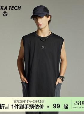 古由卡GuukaTech户外重磅纯棉运动背心男夏 美式拉链口袋拼接坎肩