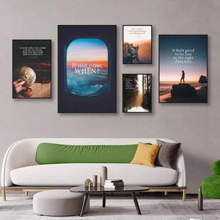 英文旅游宣传语录装 饰画r海边日落雪山旅行社挂画度假酒店民宿壁