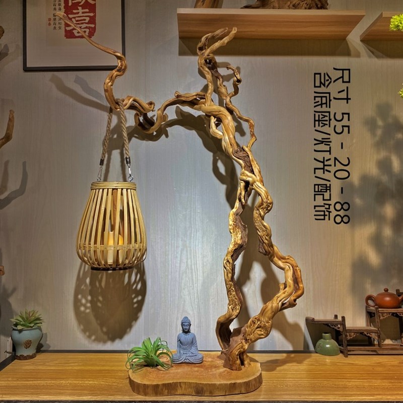 崖柏落地灯台灯树枝树干根雕w摆件民宿装饰禅创意灯饰实木客厅茶