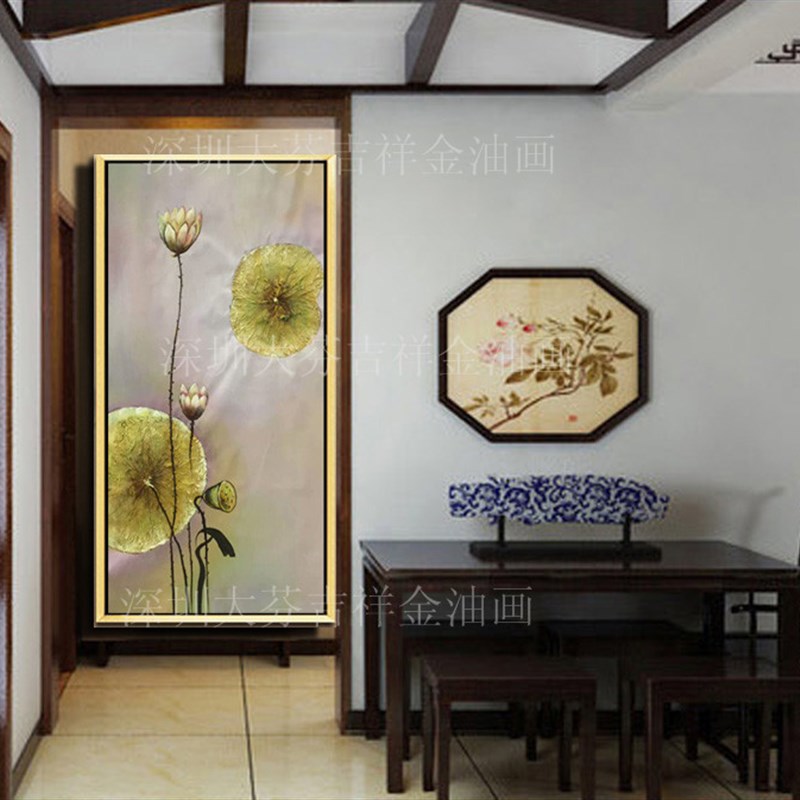 手工东南亚装饰画风格有框画家居酒店会所N玄关和气生财荷叶挂画