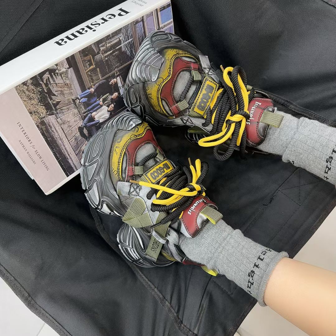 阿喜2025早秋新款真皮厚底拼色老爹鞋女增高松糕鞋百搭休闲运动鞋