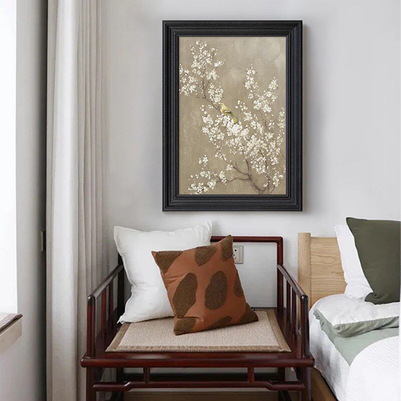 手绘油画新中式复古风花鸟客厅装饰挂画侘寂白色R花卉玄关桌面摆