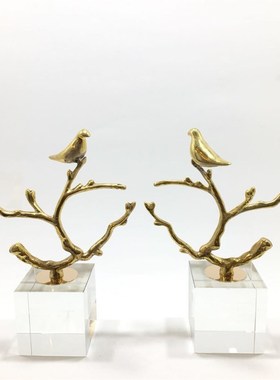 现代新中式金属铜枝小鸟摆w件水晶样板房书房客厅创意软装饰品