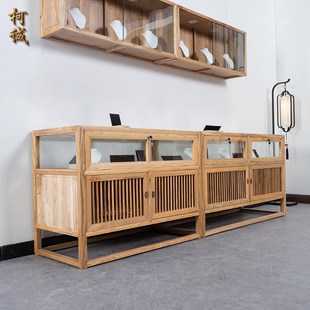实木珠宝展示柜复古玉器展示柜玻璃中岛柜台中式吊U柜壁柜原木展