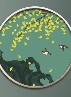 06ym圆形diy数字油画花卉风景古典国风丙烯画手工绘Y装饰油彩填充