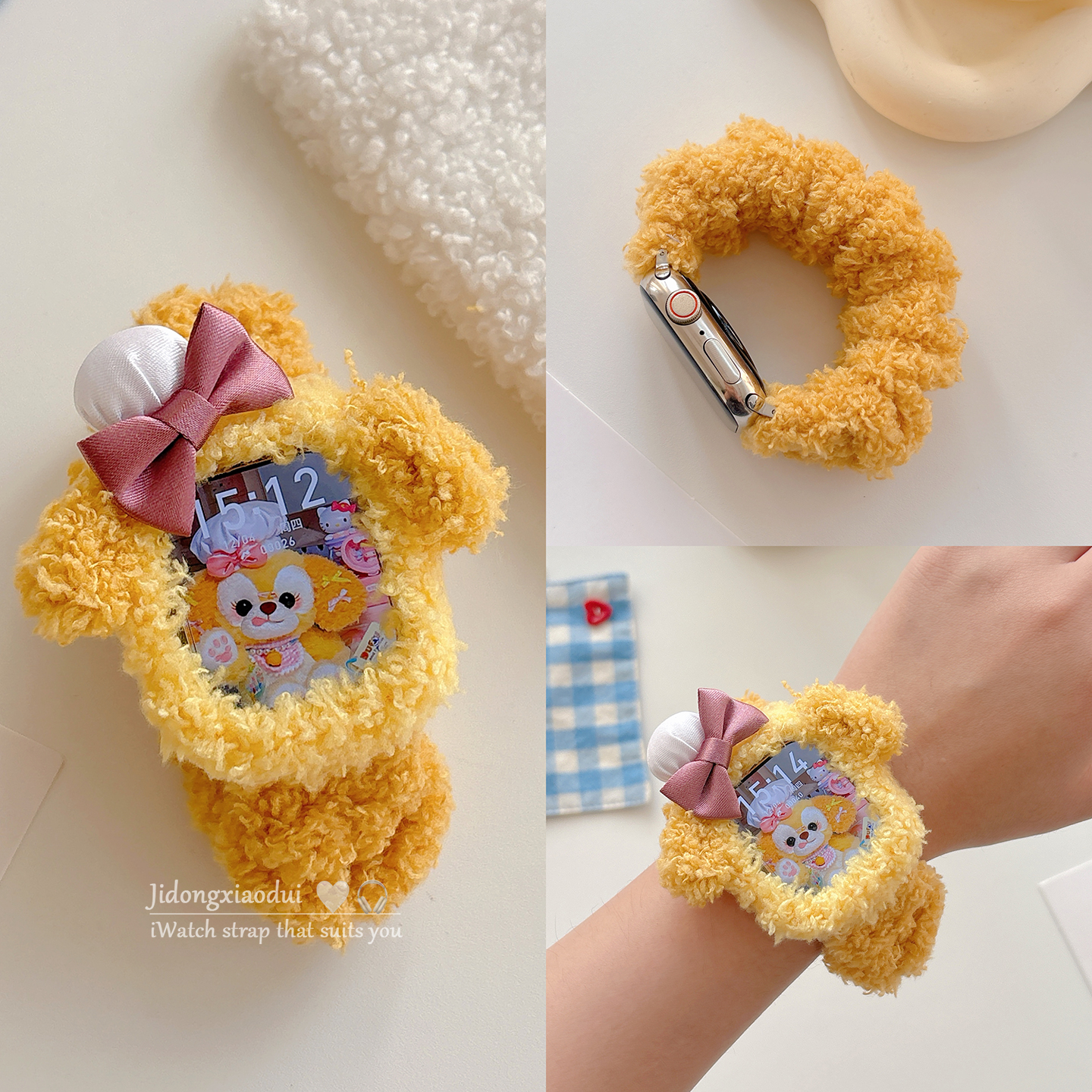 适用applewatchS11/10毛绒可爱卡通饼饼发圈表带苹果手表ultra3/2女闺蜜iwatch9/8/7/6新款表壳保护套SE腕带