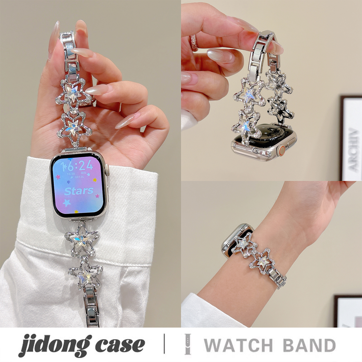 适用applewatchS11/10闪钻水晶花朵金属链式表带苹果手表ultra3/2女款闺蜜iwatch9/8/7/6新款休闲百搭SE腕带