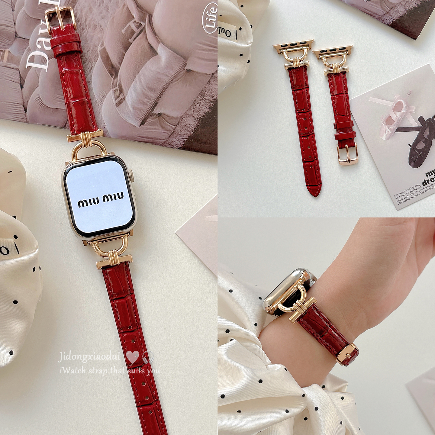 适用applewatchS11/10【珐琅红】新年真皮细款表带苹果手表ultra3/2女闺蜜iwatch9/8/7/6新款休闲百搭SE腕带