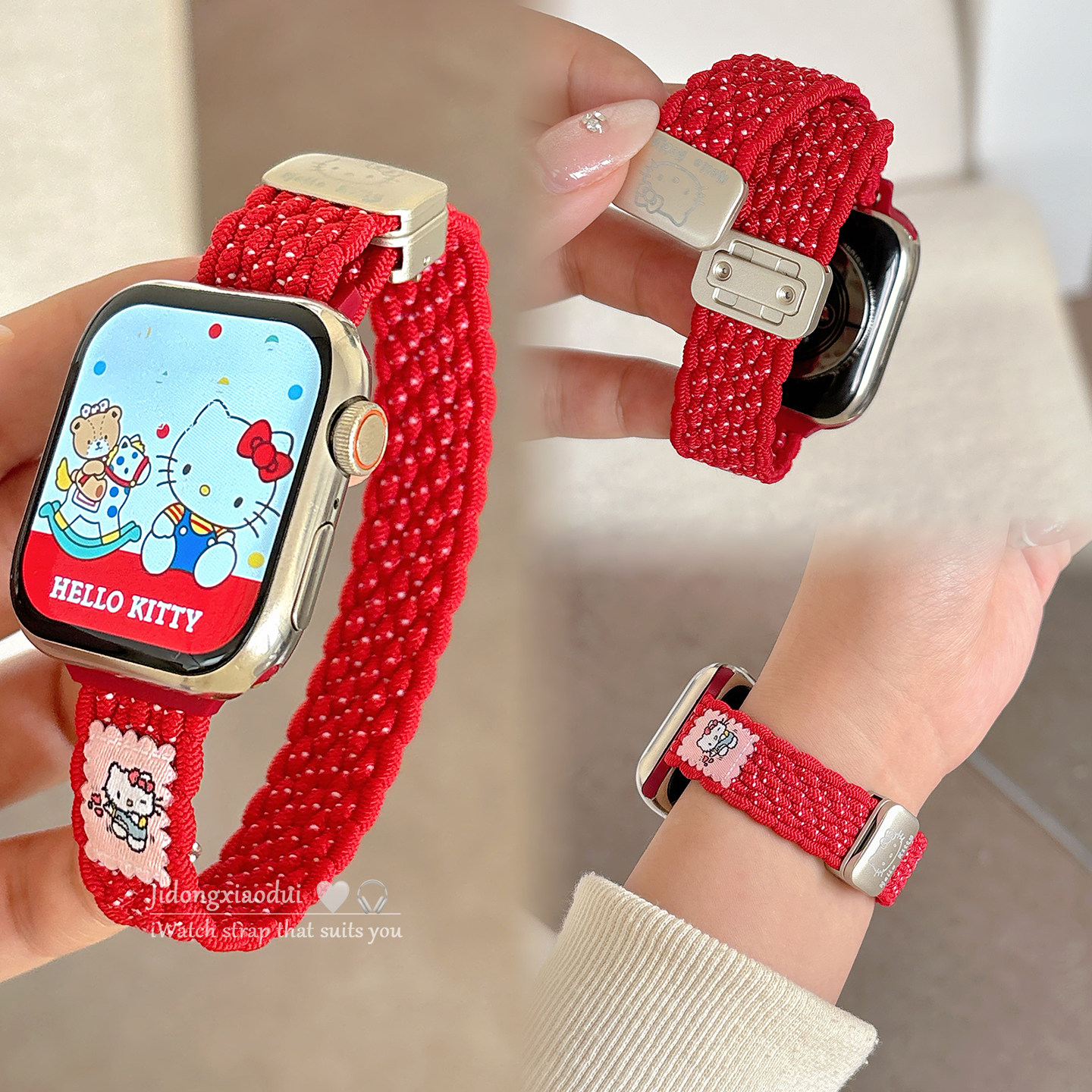 适用applewatchS11/10可爱卡通kitty猫细款磁吸表带苹果手表ultra3/2女情侣iwatch9/8/7/6新款运动透气SE腕带