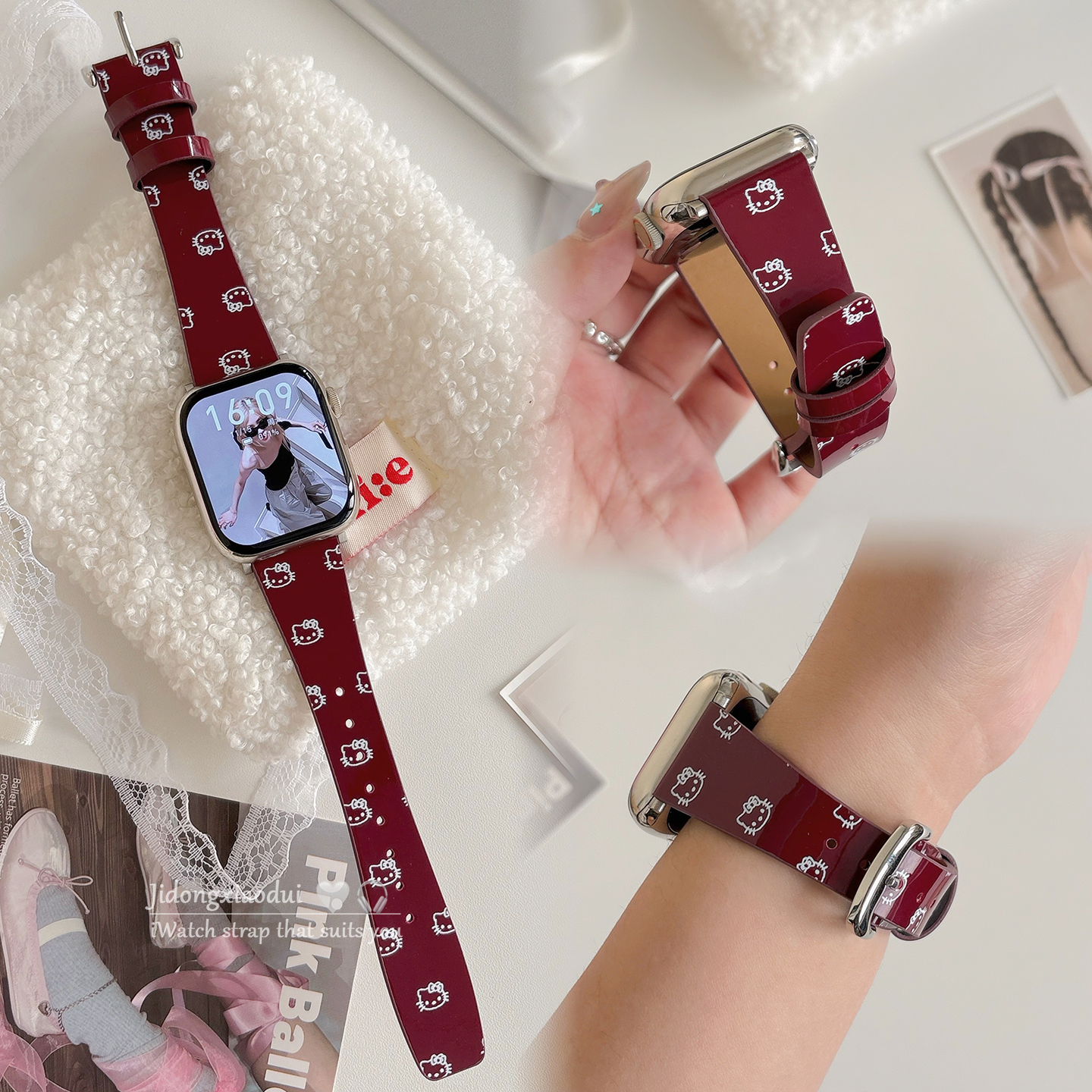 适用applewatchS11/10韩国卡通kitty米菲兔漆皮表带苹果手表ultra3/2女闺蜜iwatch9/8/7/6新款休闲百搭SE腕带