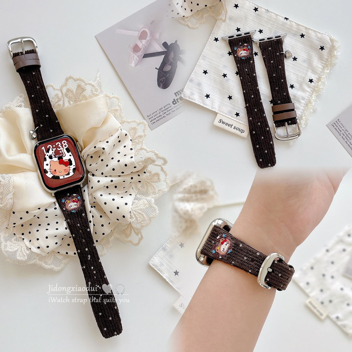 适用applewatchS11/10韩风卡通星星kitty灯芯绒表带苹果手表ultra3/2女闺蜜iwatch9/8/7/6新款休闲百搭SE腕带