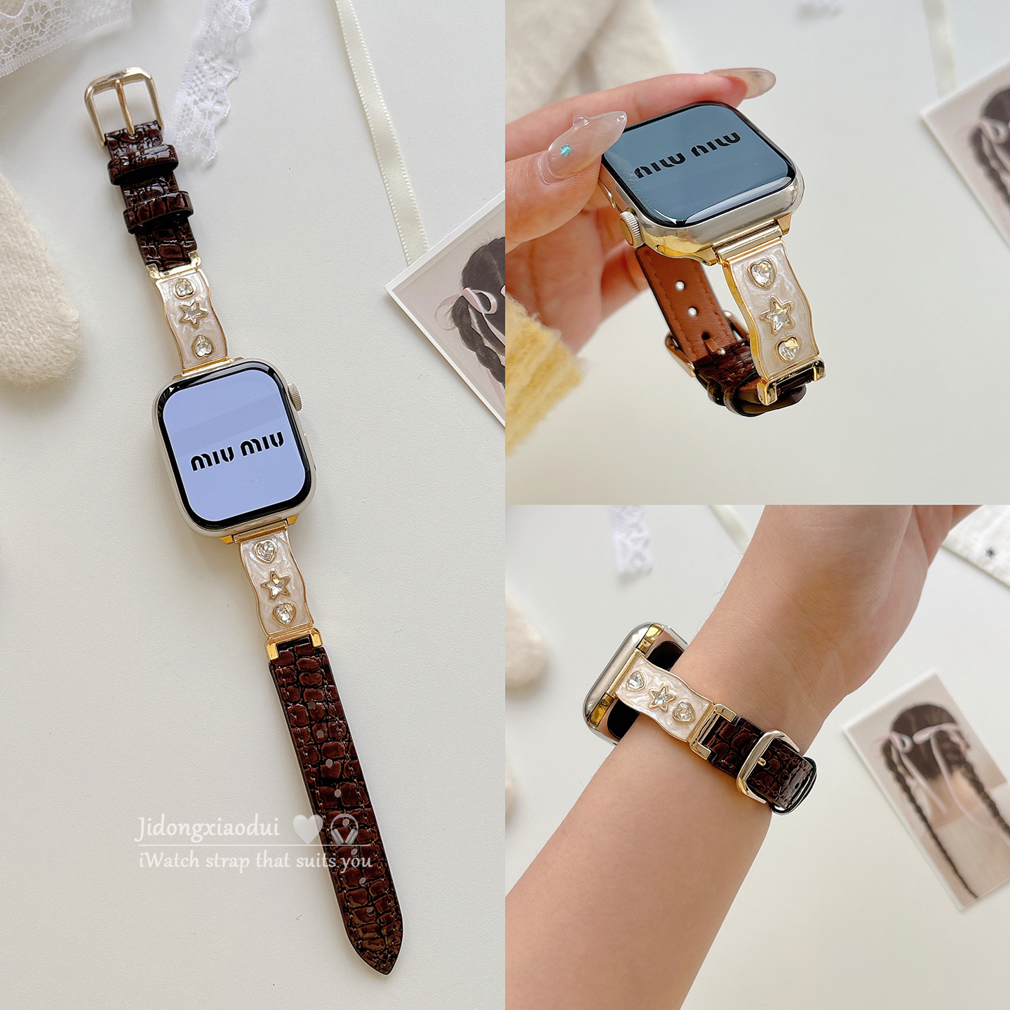 适用applewatchS11/10鎏金鳄鱼纹皮质金属星星表带苹果手表ultra3/2女闺蜜iwatch9/8/7/6新款休闲百搭SE腕带