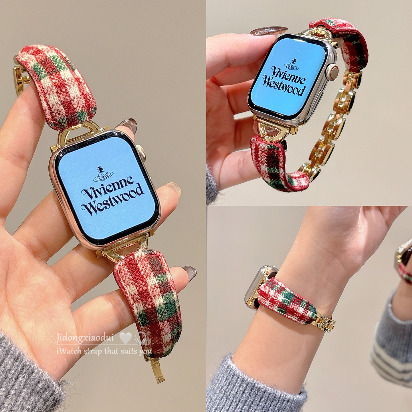适用applewatchS11/10圣诞红色格纹毛呢手镯表带苹果手表ultra3/2女款闺蜜iwatch9/8/7/6新款休闲百搭SE腕带