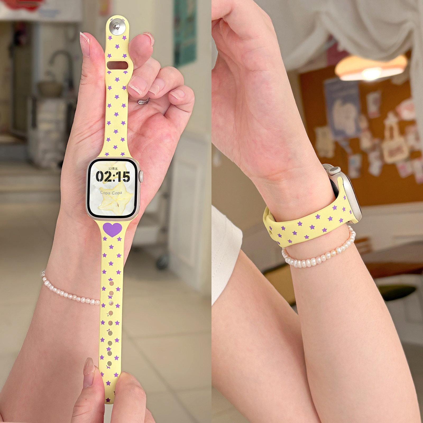 适用applewatchS11/10韩系星星爱心硅胶表壳苹果手表带ultra3/2女情侣iwatch9/8/7/6新款夏天透气SE小众腕带图片