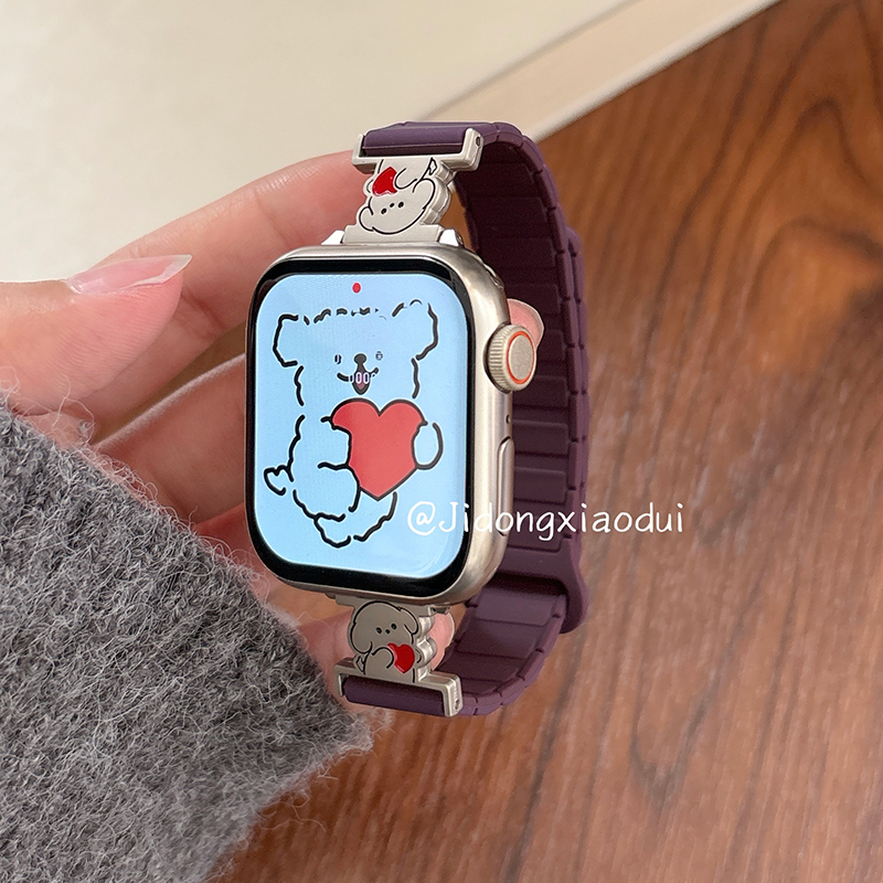 适用iwatch10苹果手表applewatch9表带s10张婧仪同款爱心小狗s8s7磁吸Ultra2新款45SE可爱风s6女S9闺蜜小众软