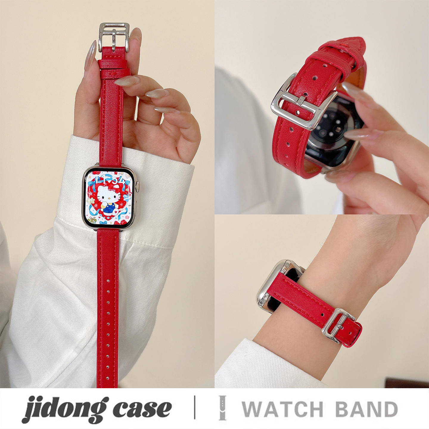 适用applewatchS11/10新年卡通红色皮质kitty表带苹果手表ultra3/2女款闺蜜iwatch9/8/7/6新款休闲百搭SE腕带