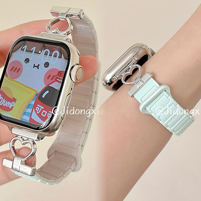 适用iwatch10苹果手表applewatch9表带s10张婧仪同款爱心金属链接s8s7磁吸Ultra2新款45SE高级s6女S9闺蜜小众