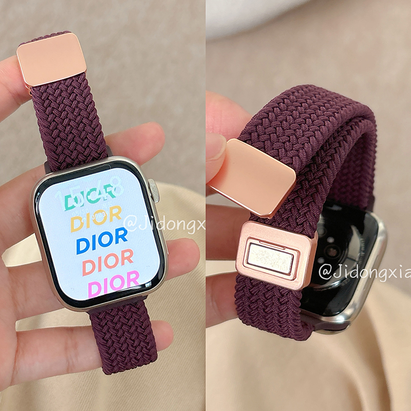 适用iwatch10苹果手表applewatch9表带s10夏天纯色尼龙小蛮腰s8s7磁吸Ultra2新款45SE编织s6男女款S9闺蜜小众