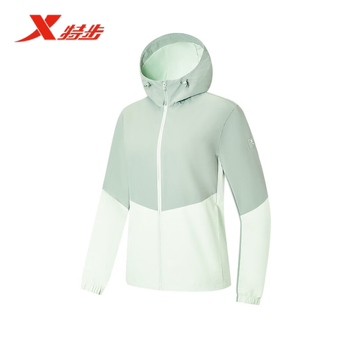 特步双层风衣女2025春新款连帽开衫拼接百搭运动外套975128150066
