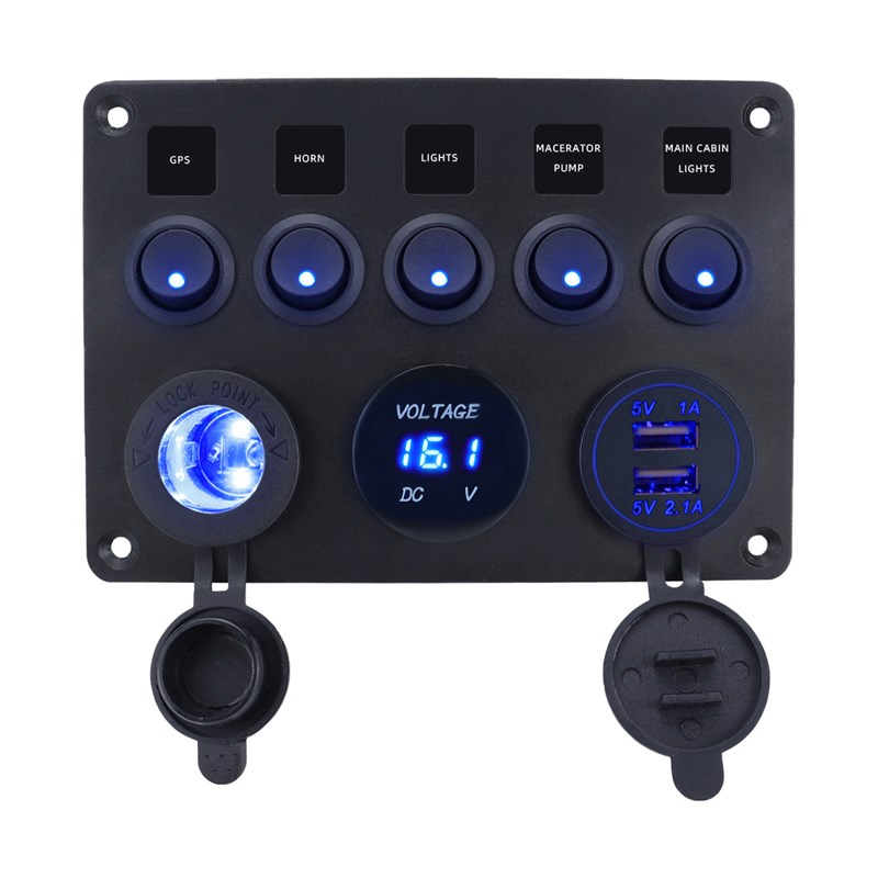 游艇房车5位蓝色LED灯开关面板 汽车船型开关带XUSB点烟器