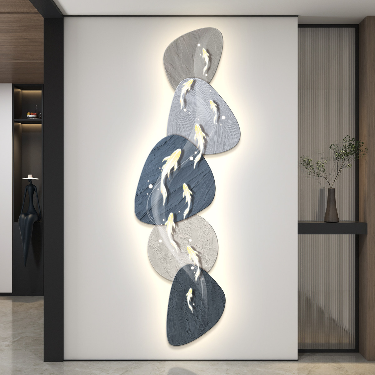 led带灯九鱼图轻奢入户u玄关装饰画竖版走廊过道简约现代挂画壁画,家居饰品,现代装饰画,淘宝优惠券,粉丝福利购,淘宝优惠卷