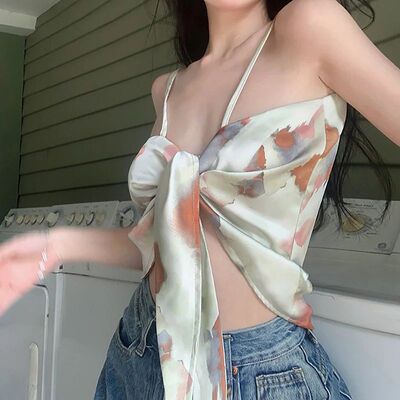 Triangle scarf, small suspender vest印花三角丝巾小吊带背心女