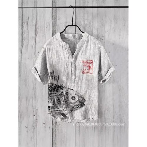 印花休闲宽松短袖衬衫男不易变形