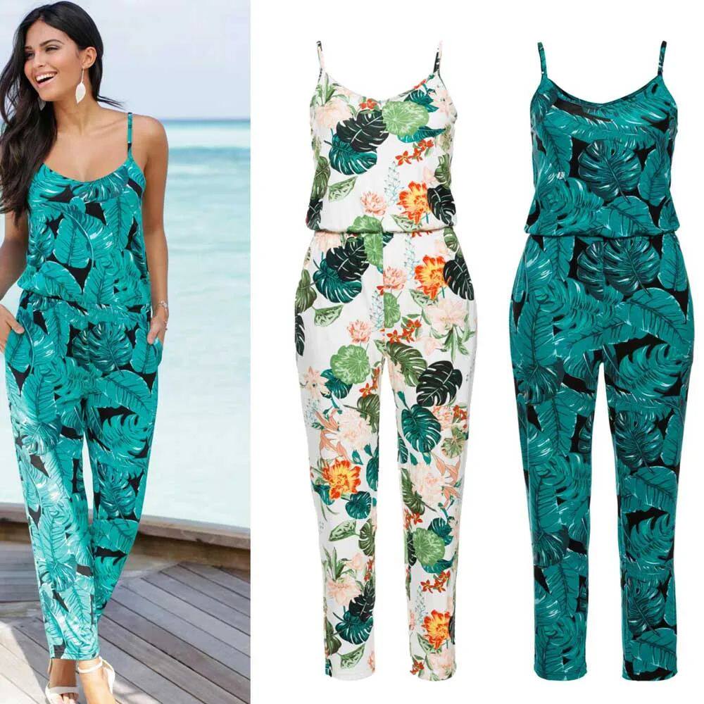 Suspended V-neck printed casual jumpsuit 吊带V领印花连体裤女