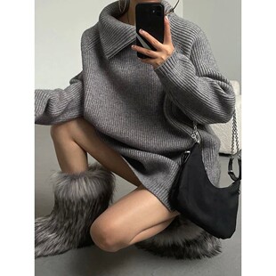 Casual diagonal zipper high neck sweater休闲斜拉链高领毛衣女