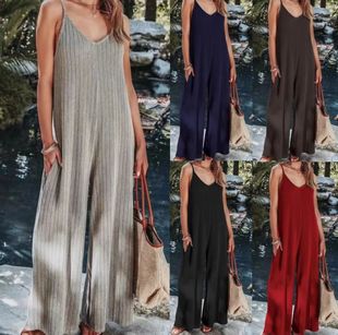 jumpsuit女士纯色螺纹露背连体裤 Solid backless threaded color