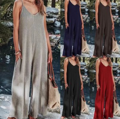 Solid color threaded backless jumpsuit女士纯色螺纹露背连体裤