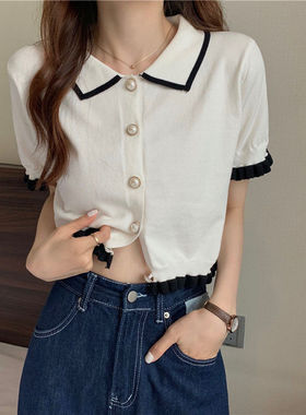 Collar black fungus edge short sleeved shirt翻领木耳边短袖女