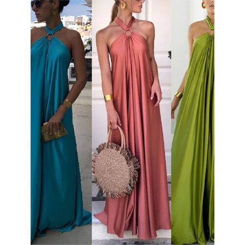 欧美无袖挂脖大摆收腰连衣裙